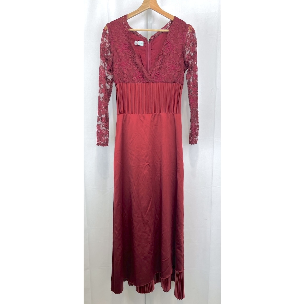 Tolo Crespi Special Occasion Maxi Dress Lace Sleeve V Neck Pleated Red Xs S 38